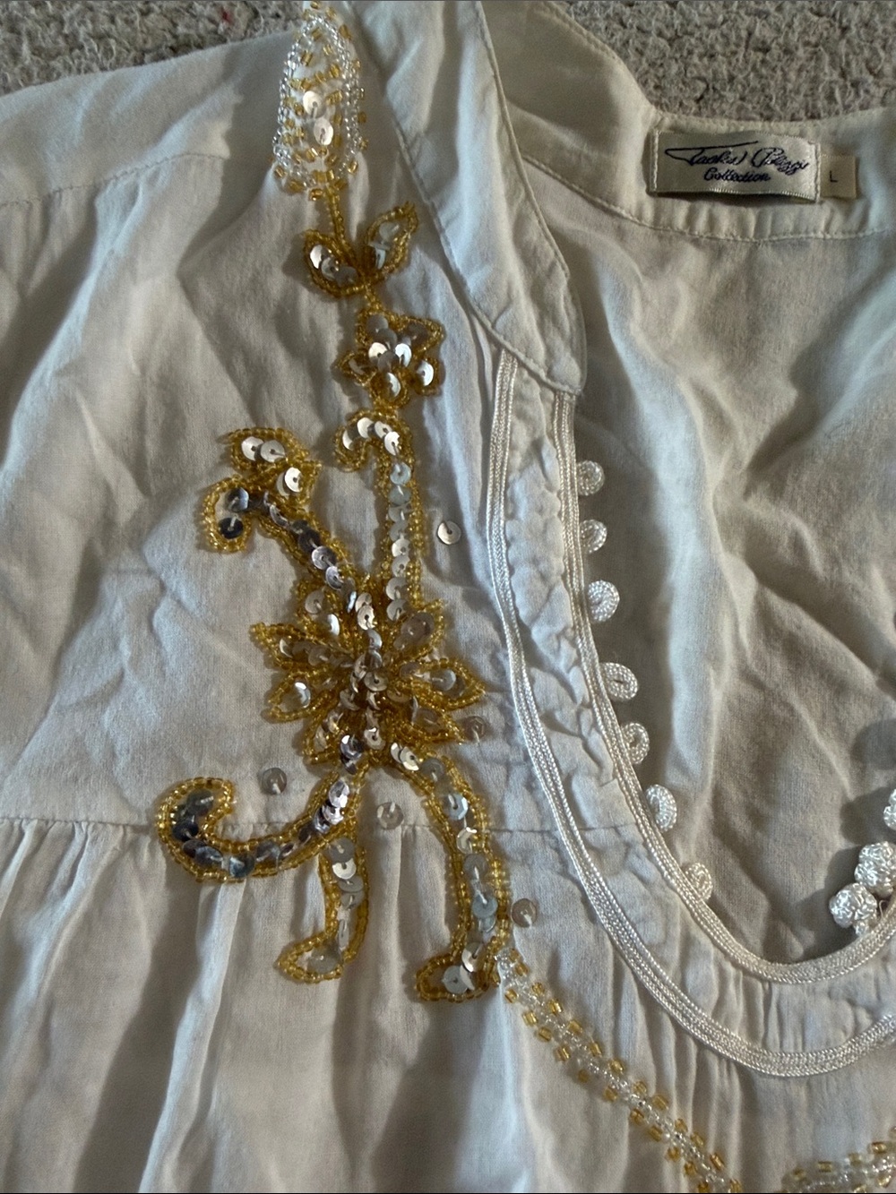 Tasha Polizzi Cream 100% Cotton Tunic with Gold Embroidery Large - Picture 3 of 8